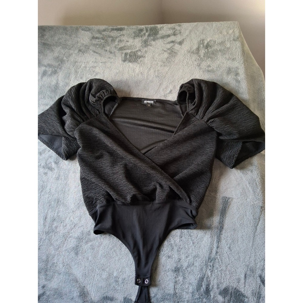 Express Womens Black Textured Puff Sleeve Wrap Front Bodysuit XS